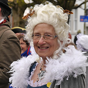 wig and feathers