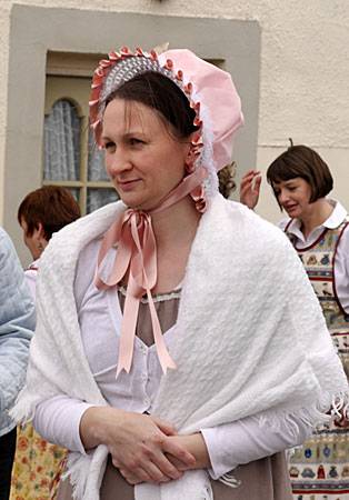 pink bonnet white shawl