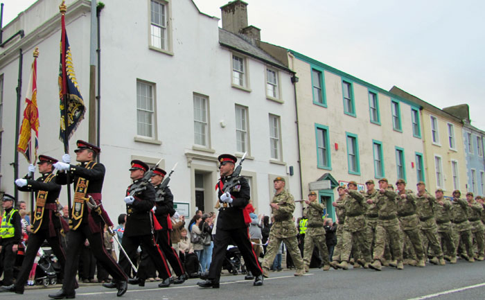 Colours of 
the 1st Battalion Duke of Lancaster's outside the old Methodist church on Lowther Street