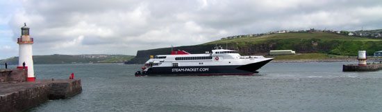 Snaefell between the 2 lighthouses at Whitehaven