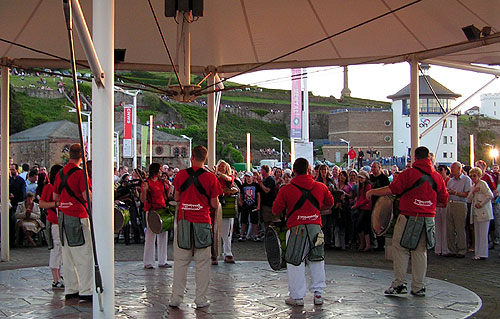 boomdang drummers under the hub at Whitehaven harbour
