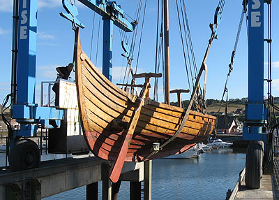 Viking ship moved into place on boat lift