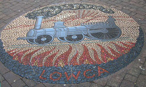 Crampton locomotive mosaic made from pebbles